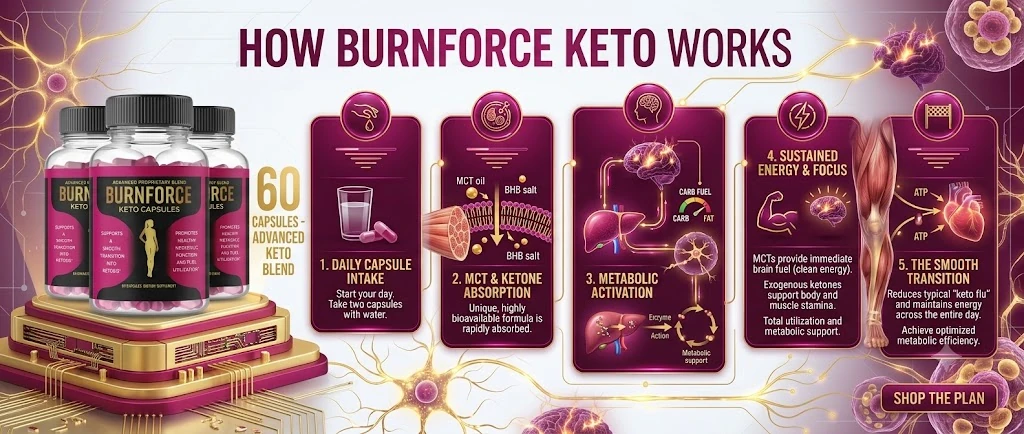 How BurnForce Keto works: daily capsule intake, MCT and ketone absorption, metabolic activation, sustained energy and focus, smooth transition